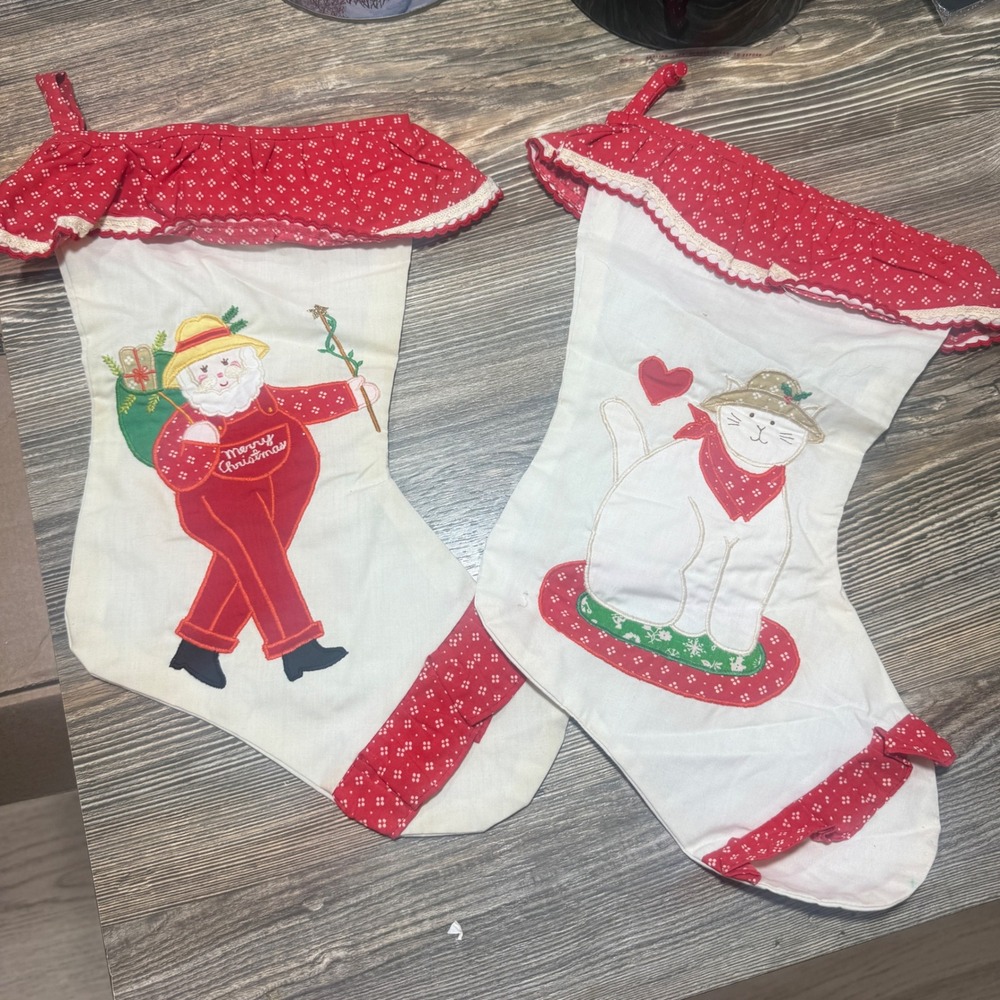 Vintage Christmas Stockings Set of 2 Applique Santa Cat Ruffle Lace Country Core